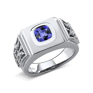 2.74 Cttw 10MM Cushion Cut Blue Tanzanite and White Zirconia 925 Sterling Silver Ring for Men | Gemstone Birthstone