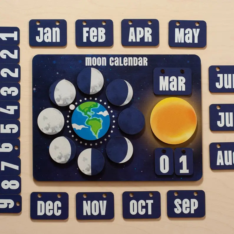Lunar Phases Calendar for Kids, Montessori Learning Toy, Wooden Moon Busy Board