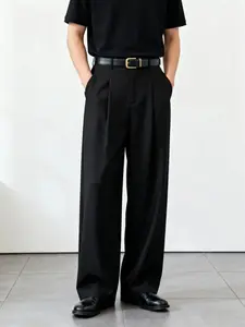 Men's Casual Pants, Loose Straight Leg Pleated Suit Pants, Lightweight Business Style Formal Wear, Solid Color Men's Dress Pants, Comfortable Fit