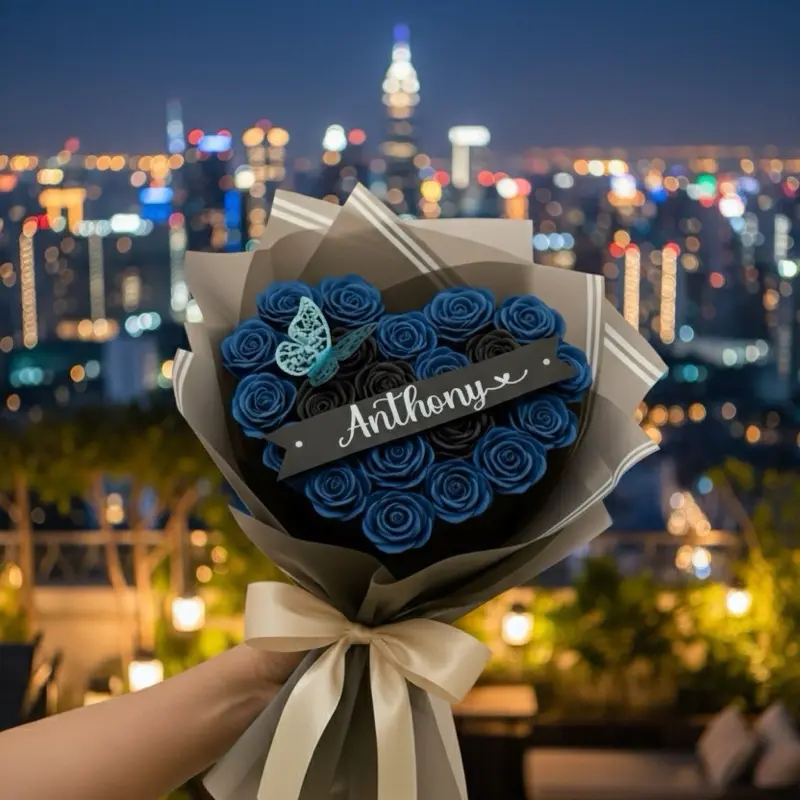 Eternal Rose Bouquet for men - ramo buchon para hombre- 20 ribbon roses 14 blue and 6 black - heart shaped bouquet