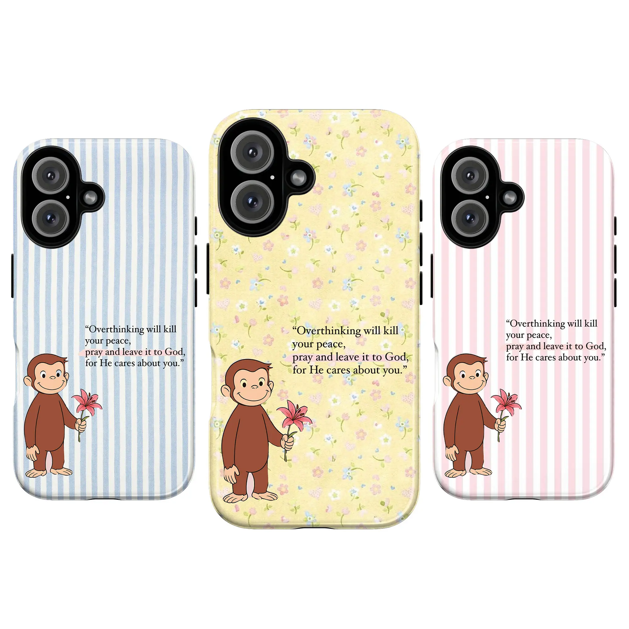 [non-magnetic]Cute Christian Curious George Phone Case Pastel Stripe & Floral Aesthetic with Faith Quote, Kawaii Bible Verse Monkey Illustration Cover for iPhone & Samsung, Sweet Girly Church Style, Durable Protective Case, Perfect Gift for Her