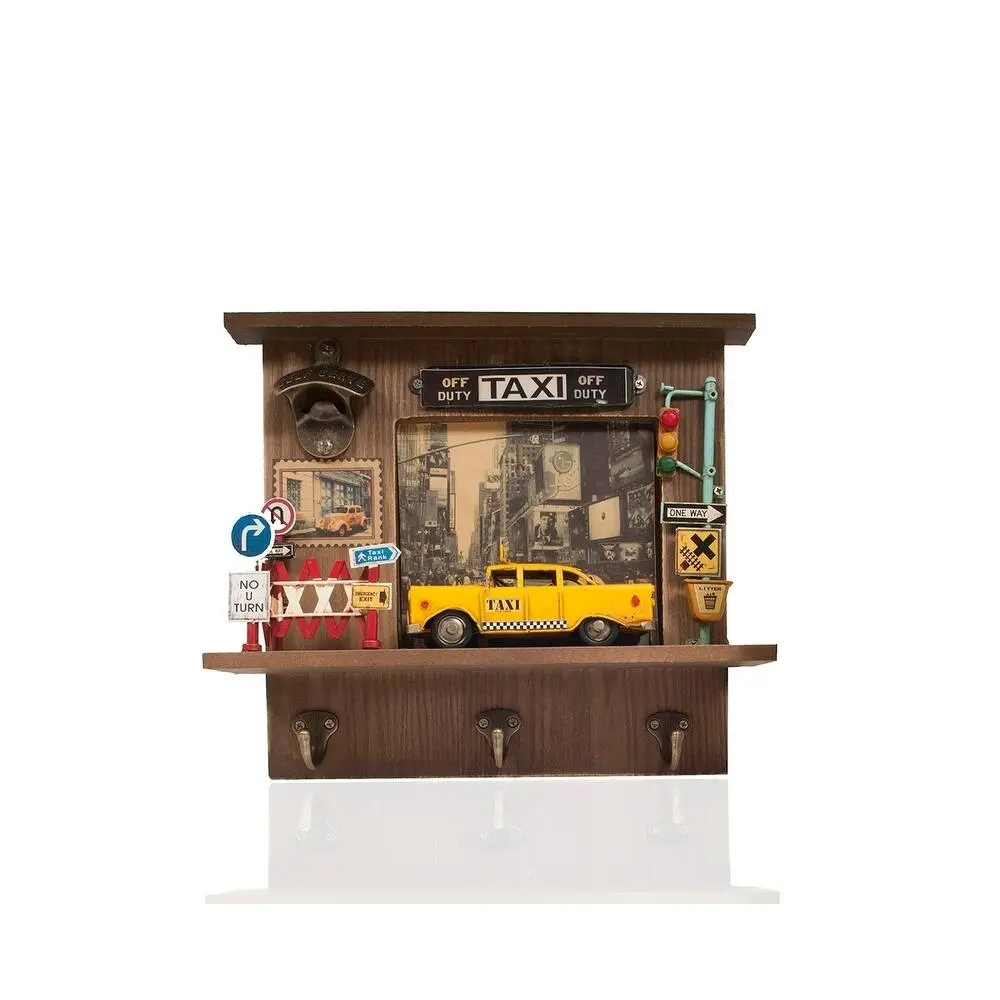 Vintage New York City Checker Taxi Theme Rectangular Wood-MDF-Metal Lighted Shadow Box Photo Frame, Room Home Decor