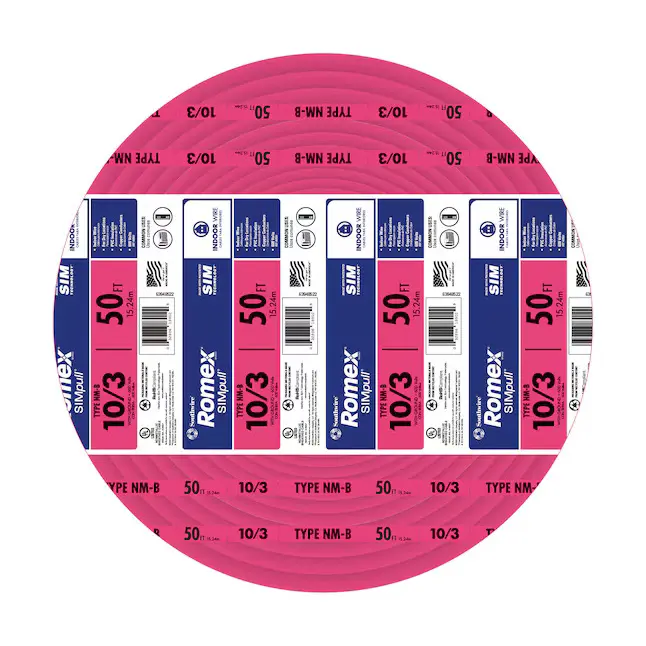 Southwire 63948522 Romex Type NM-B Copper Non-Metallic Building Cable - 50 ft, 10 Gauge, 3 Conductors, Pink, Above Ground Residential Copper Wire, Sim Jacket, Branch Circuit for Switches & Outlets
