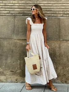 Summer Elegant Chic Women's Patchwork Plaid Halter Tie Waist Maxi Dress, Halter Neck, Stylish Summer, Perfect for Casual Wear & Special Occasions