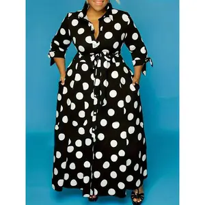 Plus Size Polka Dot Print Belted Button Front Shirt Dress, Elegant 3/4 Sleeve Tie Front High Waist Long Dress for Vacation Holiday Party, Women's Clothes for Summer