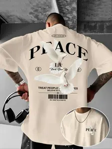 Men's Dove & Peace Casual Letters Print Short Sleeve Round Neck Tee, Regular Fit Casual Fashion T-shirt for Summer Daily Wear, Men's Clothes, Top