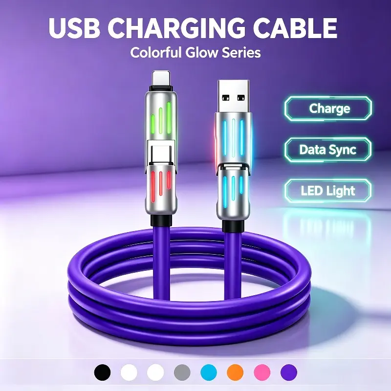60W Fast Charging LED Cable, 4-in-1 Universal Charging Cord with RGB Breathing Light for iPhone Android Devices