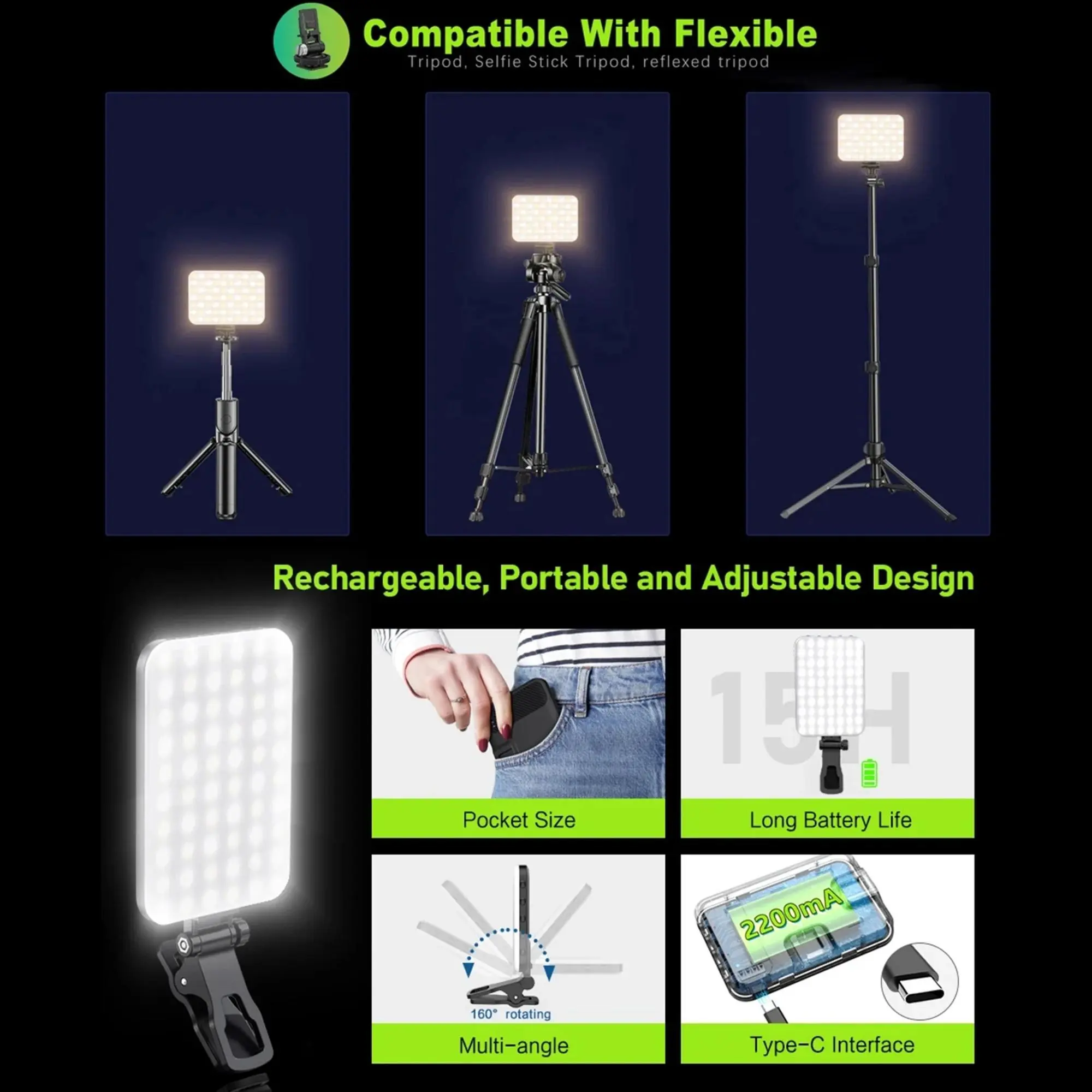 1 Set Portable Front & Back Clip-On Phone Selfie Light, 2,200 mAh Rechargeable & 7-Mode LED Selfie Fill Light for Smartphone, Tablet & Laptop #GLOBAL PICKS