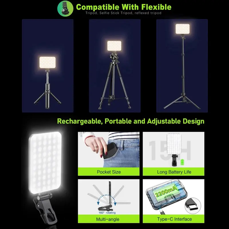1 Set Portable Front & Back Phone Clip Selfie Fill Light, 2200mAh Rechargeable & 7 Lighting Mode Clip-on LED Selfie Light For Smartphone, Tablet, Laptop #TOP PICKS 8