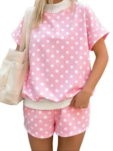 Women's Casual Two Piece Outfit Set - Short Sleeve Mock Neck Top & Elastic Waist Shorts Matching Summer Set | Polka Dot & Checkerboard Prints | Soft Stretch Fabric