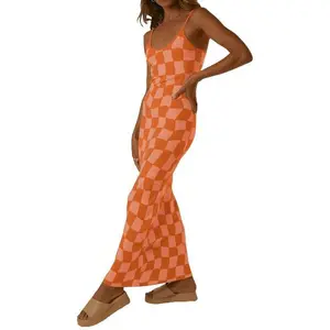 Women Checkerboard Knit Maxi Cami Sleeveless Spaghetti Strap Low-Cut Backless Long Dress Streetwear Casual Fabric