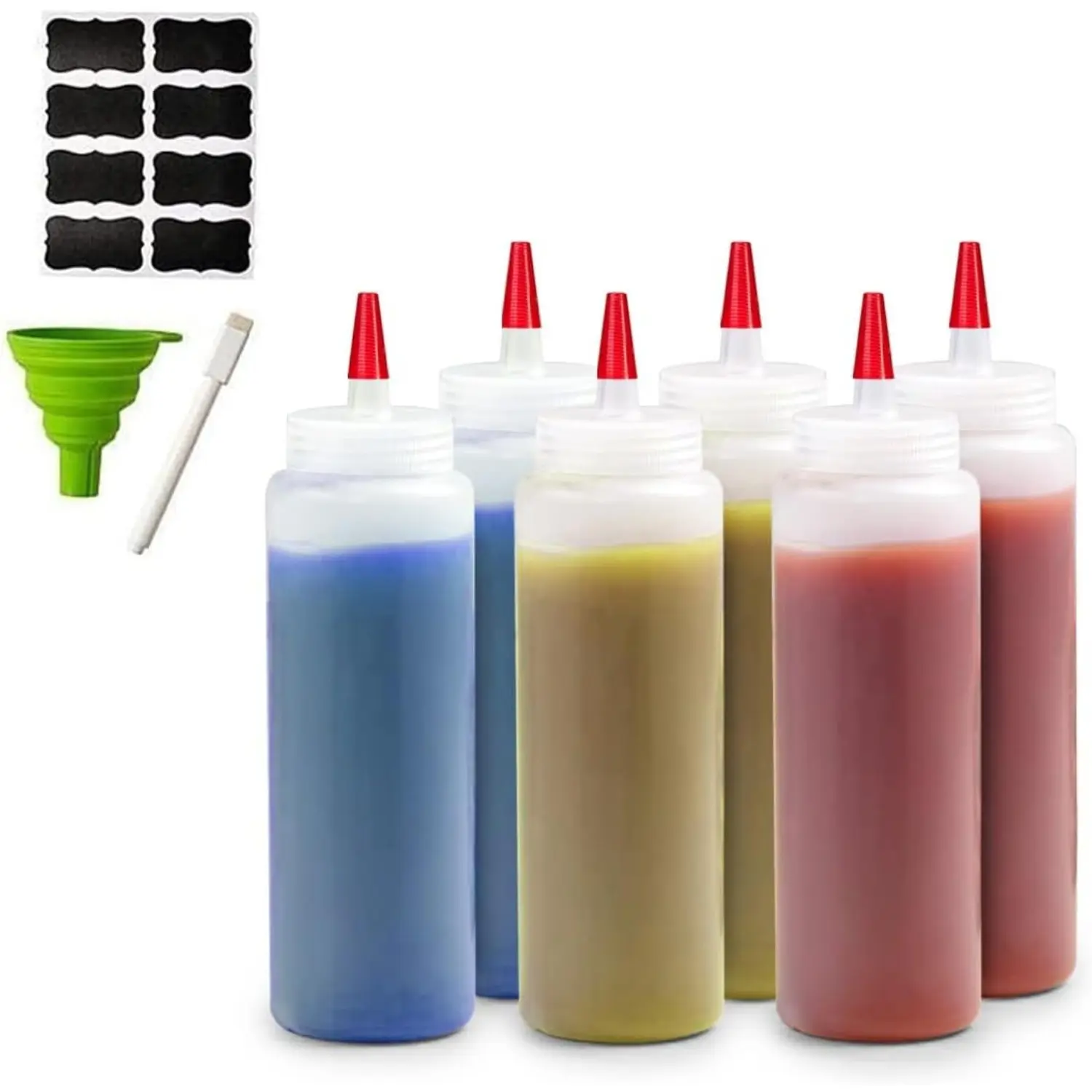 16 oz Food-Safe Durable Plastic Squeeze Bottle Canisters (6-Pack) - Collapsible Funnel, Erasable Marker, Reusable Labels Included, Easy Filling for Sauces, Ketchup, Liquids