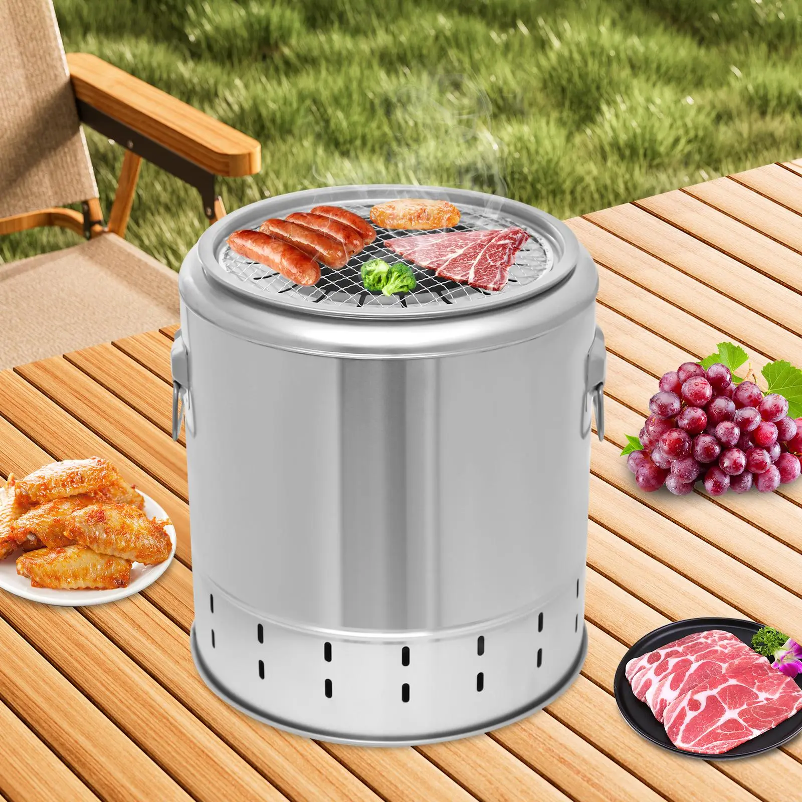 Stainless Steel Cylindrical Modern Portable Smokeless Charcoal Barrel Grill - Floor-Mounted, 2-In-1 BBQ & Kebab Design, 20 BBQ Skewers, Grilling Accessories Compatible, for Beaches, Gardens, Traveling (Silver), Portable Bbqs