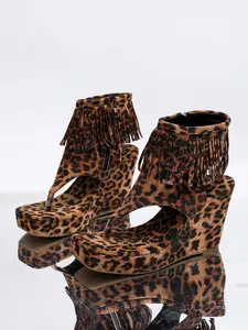 Women's Heeled Sandals with Fringe and Leopard Print, Elegant High Heel Shoes, Bohemian Style Summer Footwear, Beach Slippers