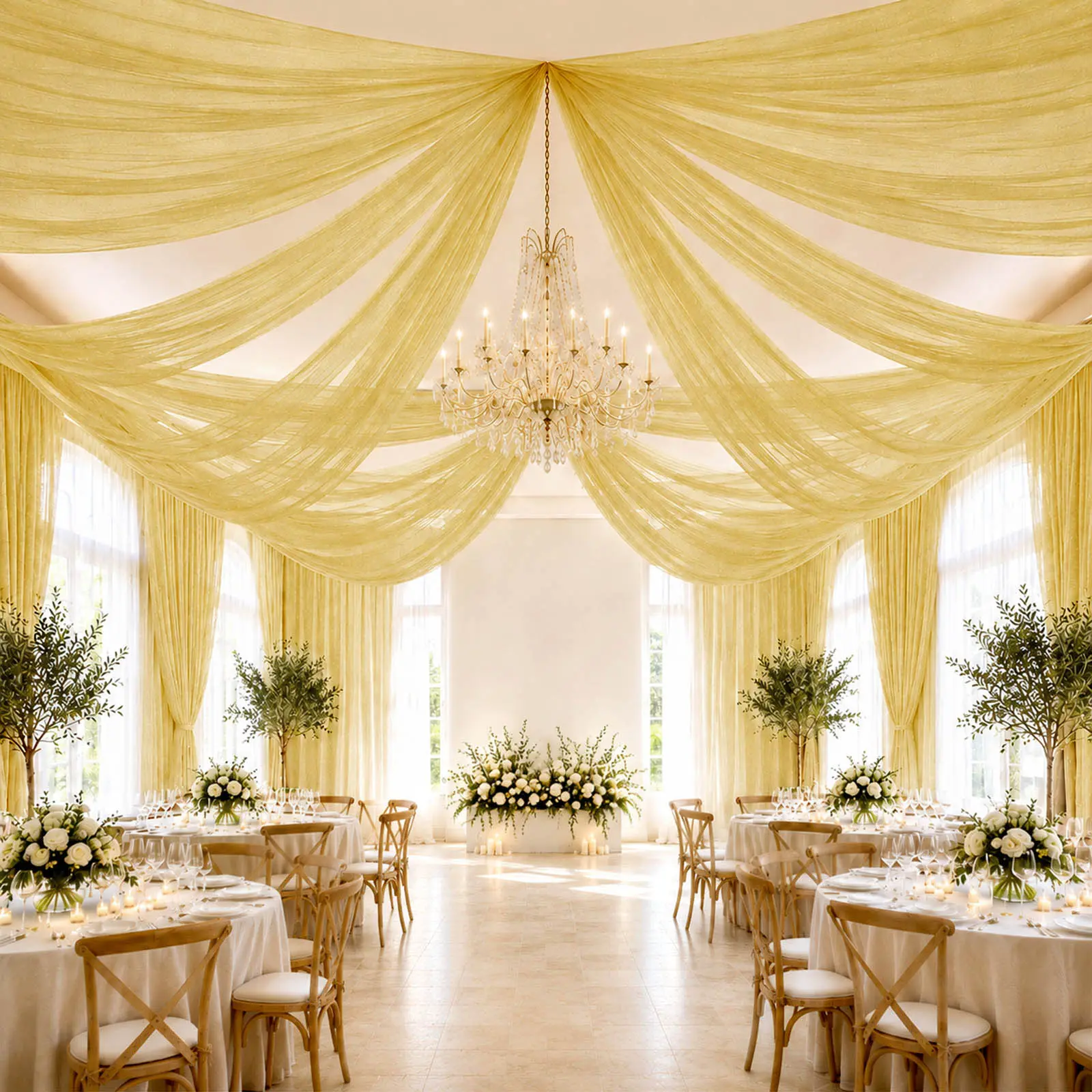Champagne Sheer Ceiling Drape – 10ft x 32ft Extra Long Drapery Panel for Wedding Canopy, Backdrop & Reception Décor