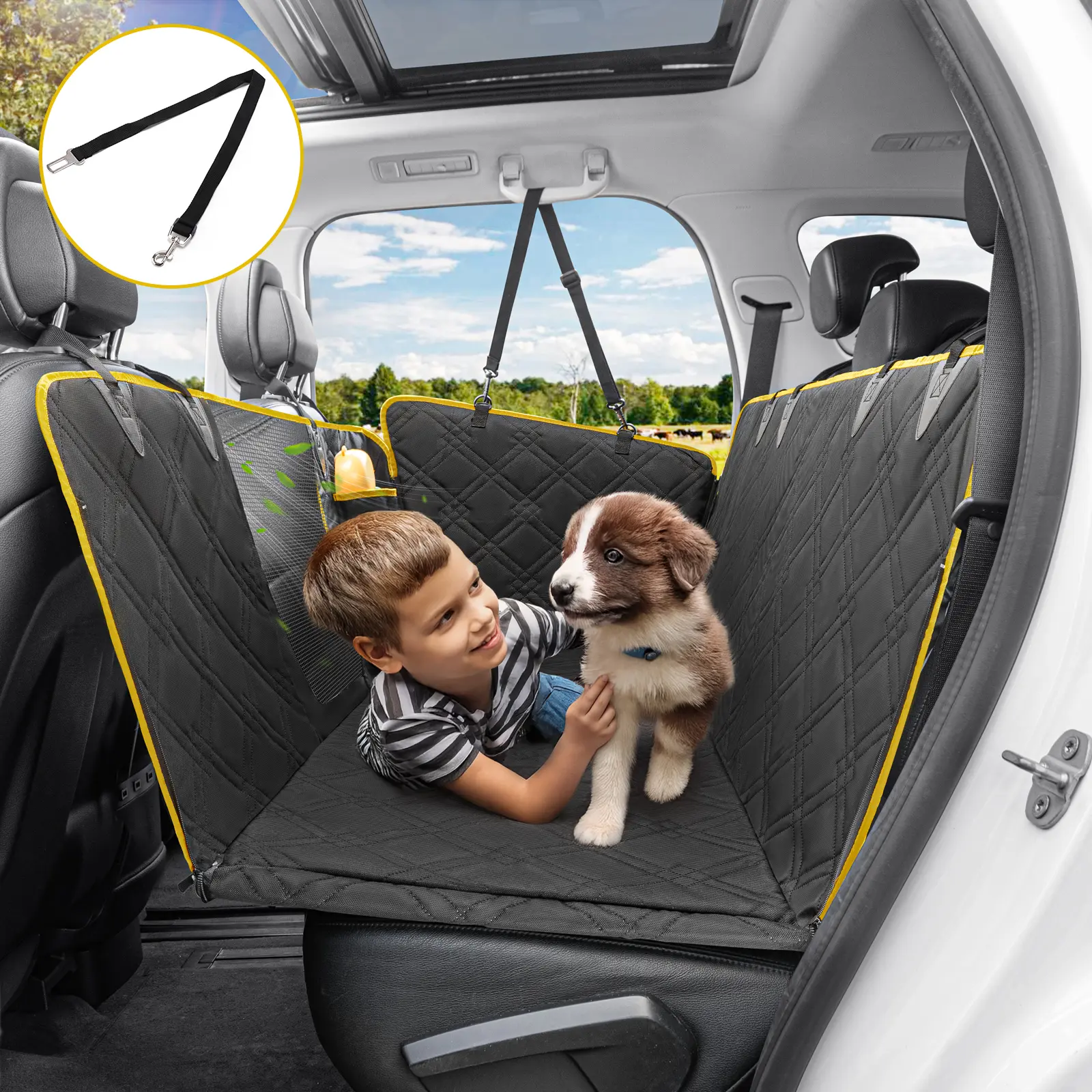 Dog Back Seat Extender & Hammock Seat Cover with Zipper, Hard Bottom Rear Protector, Waterproof, Anti-Slip, Scratch-Resistant, Easy Cleaning, Support & Dryness, Universal for Cars, Trucks, SUVs, Fabric