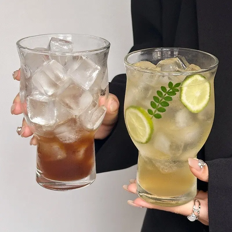 1/2PCS Vintage Wide Mouth Clear Glass Cup, Large Capacity Ice Americano Coffee Mug, Soda Bubble Water Cup, Fruit Tea Drinking Cup, Glass Beverage Cups, Drinkware