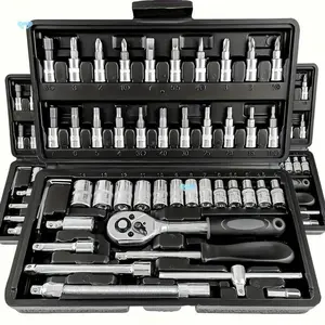 A Set of 46 Manual Toolboxes, Socket and Wrench Kits for Car and Mechanical Maintenance, Durable, Battery-Free, Including Screwdriver Heads, Hex Wrenches, and Tool Storage Boxes