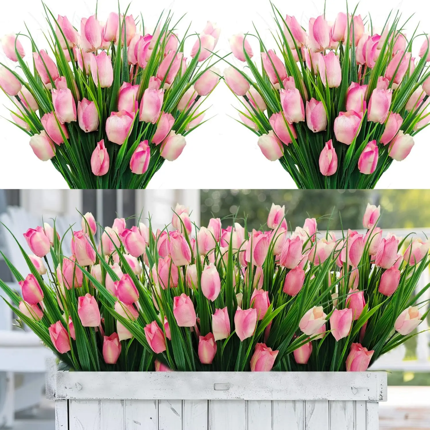 12 Bundles 60-Heads UV-Resistant Artificial Pink Tulips, Silk Fake Flowers with Plastic Greenery Shrubs, Outdoor Decor for Planter, Porch, Garden Decoration