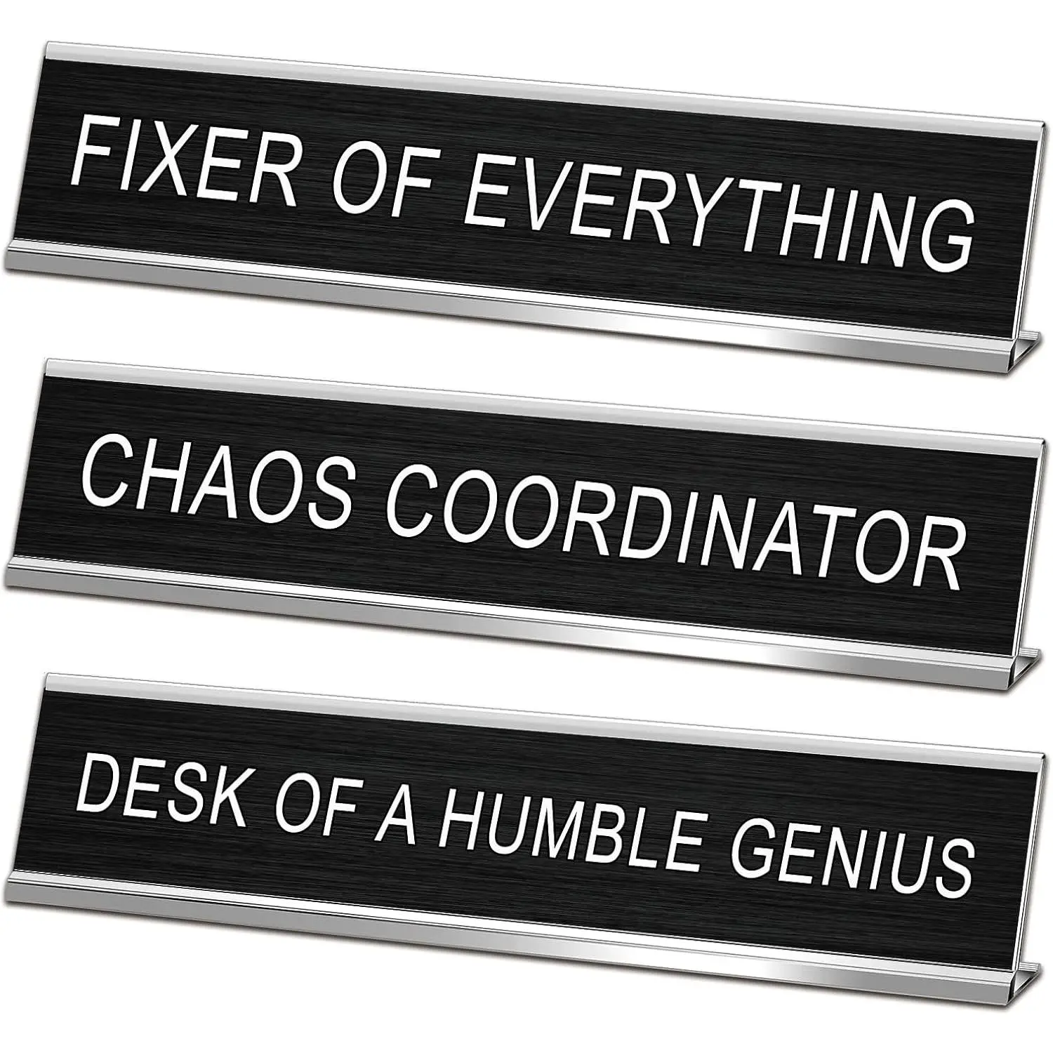 3 count Chaos Coordinator Fixer of Everything Desk of a Humble Genius Funny Desk Signs for Office, Black Base Novelty Nameplate Office Decor Plaque for Coworker  10 x 2"