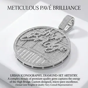 Men's Custom Text Rhinestone Round Medallion Pendant Necklace, Personalized White Gold Plated Iced Out City Bridge Charm, Bling Baguette Cubic Zirconia Hip Hop Streetwear Jewelry Accessory With Standard 4mm Rope Chain Holiday Christmas Gift