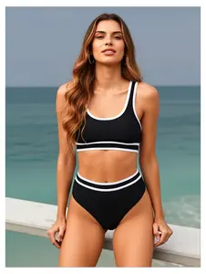 Black Bikini Set Women's - Two Piece Swimsuit Modest Bathing Suit for Beach, Pool, Vacation;  Solid Color, Adjustable Straps, Comfortable & Supportive