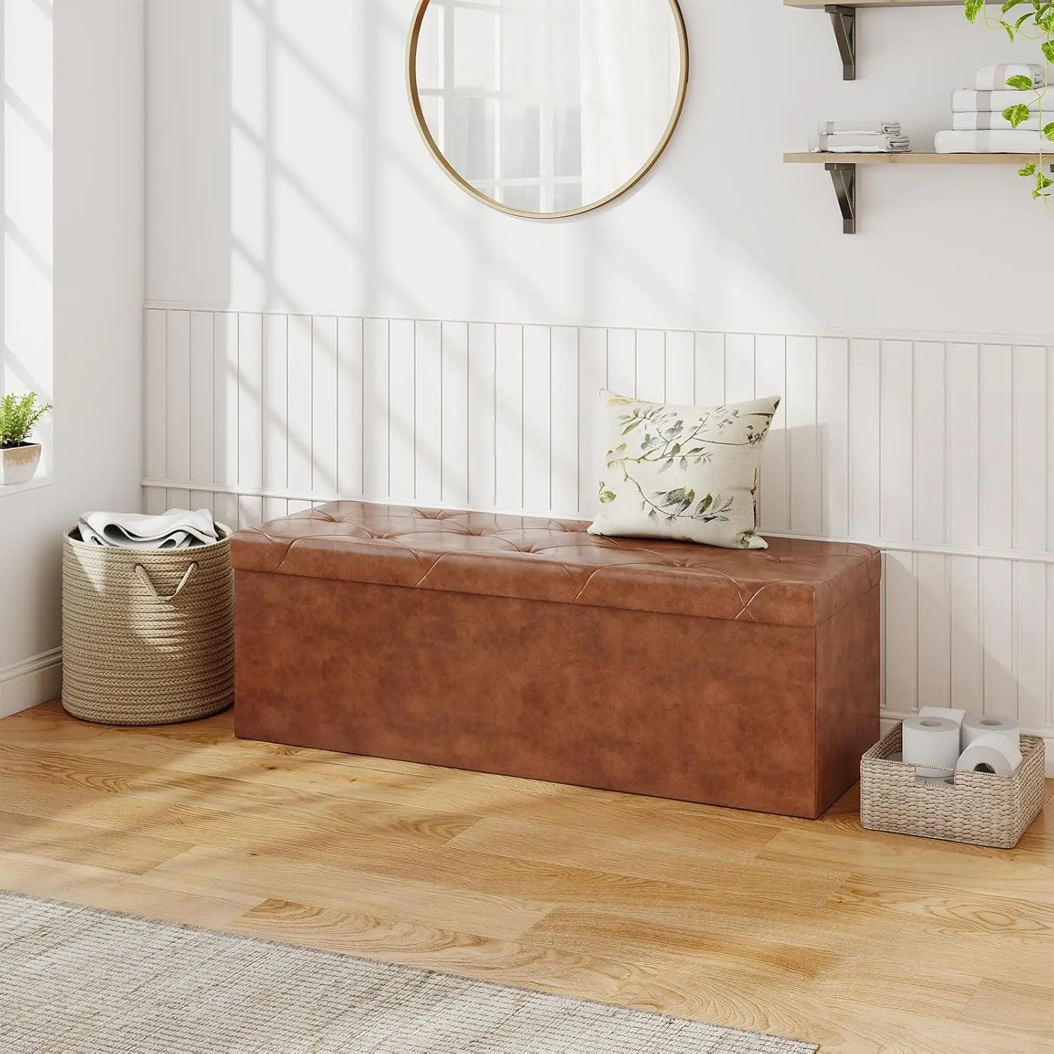 Elegant Brown Storage Ottoman with Thick Padding 43 inch - 660lb Load Capacity Foldable Foot Rest Seat & Organizer, for Lounge, Bedroom, Hallway