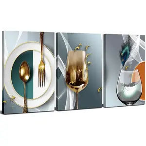 3-Piece Elegant Dining Room Wall Art Set - Abstract Geometry and Wine Glass Canvas Prints, Teal, Gray, and Gold - Modern Kitchen Decor Gift Hanging