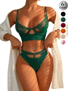 Women's Lace Peek-a-Boo Bra & Panty Two-Piece Set, Casual Comfy Breathable Lingerie Set Womenswear for Daily Wear, Women's Underwear Set for All Seasons