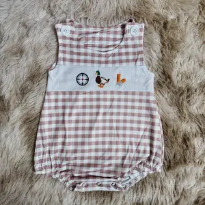 Sleeveless khaki gingham duck call embroidery bubble hunting baby boy romper