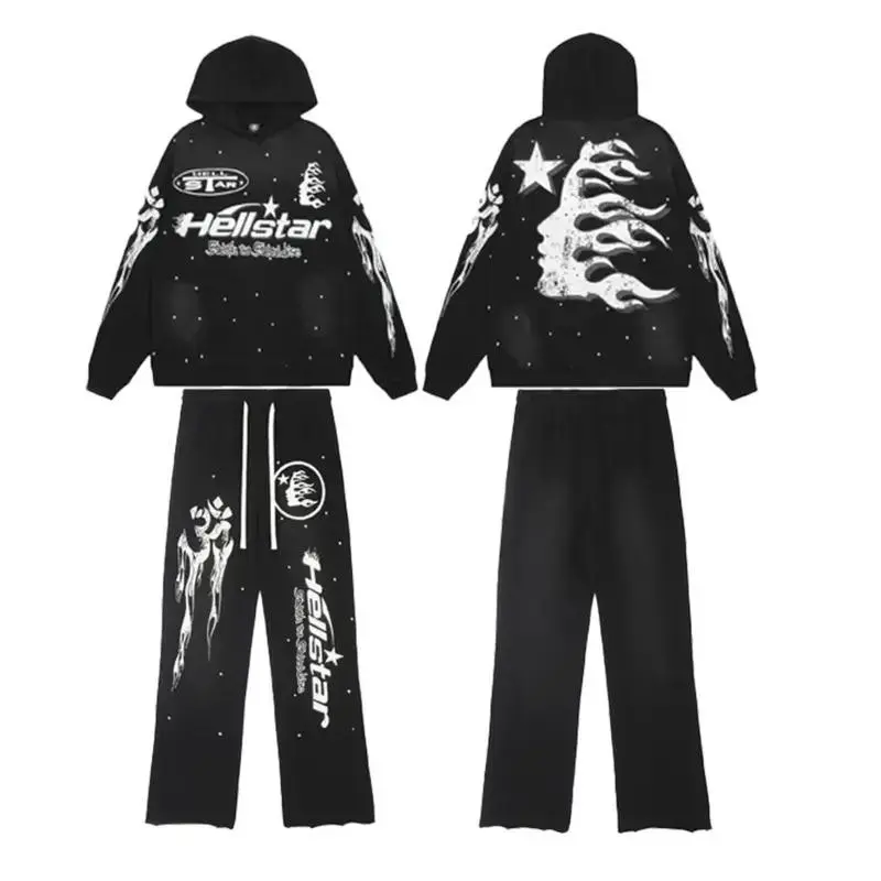 Men&Women H3ll Star Full Set Black Hoodie and Sweatpants, Men Women's Casual Pants and Top Set Hip Hop Streetwear, Gift for Her Him