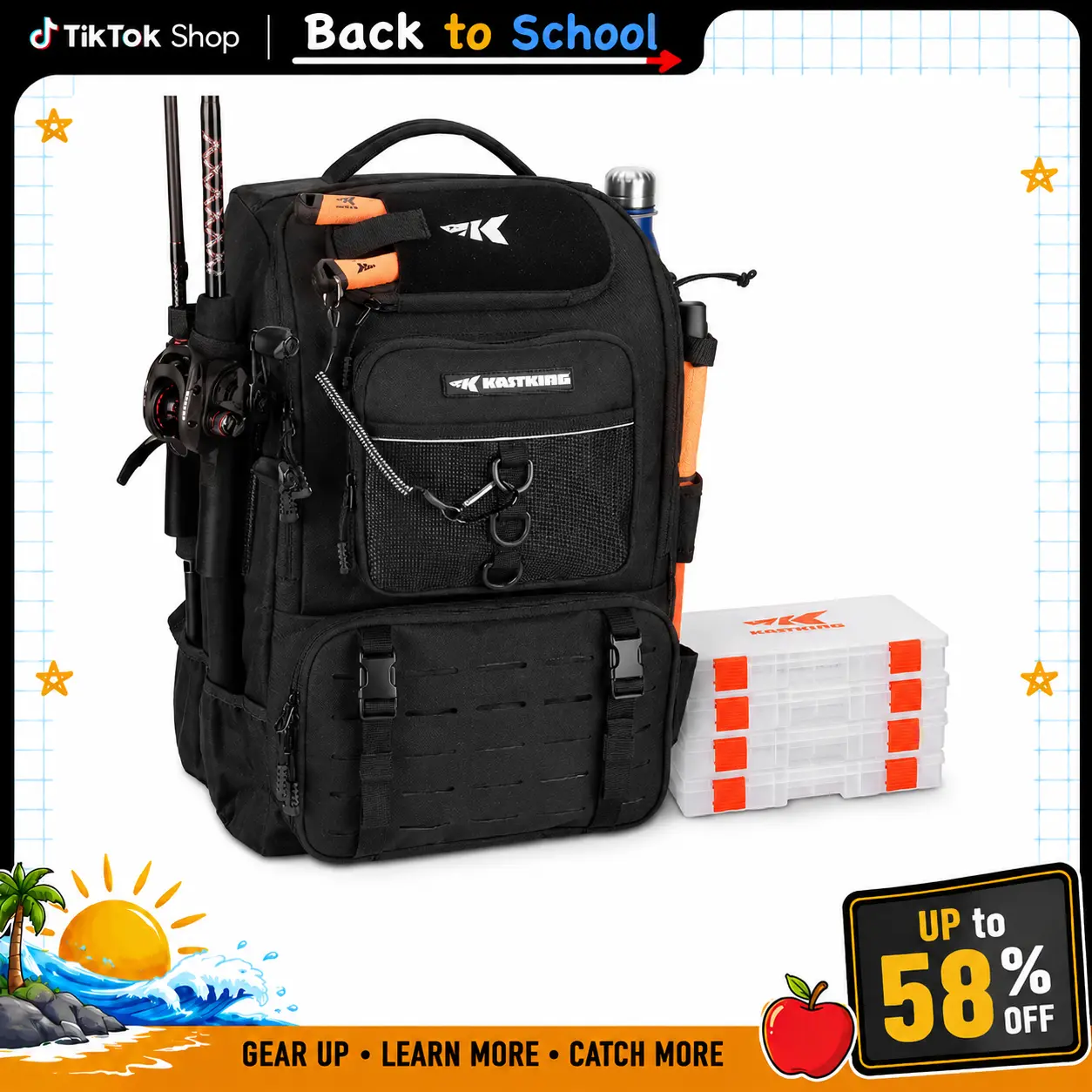 [Back to School Gift] KastKing Karryall 40L Fishing Tackle Backpack with Rod Holders & 4 Tackle Boxes, Waterproof Fishing Gear Storage Bag for Camping, Hunting & Outdoor Activities