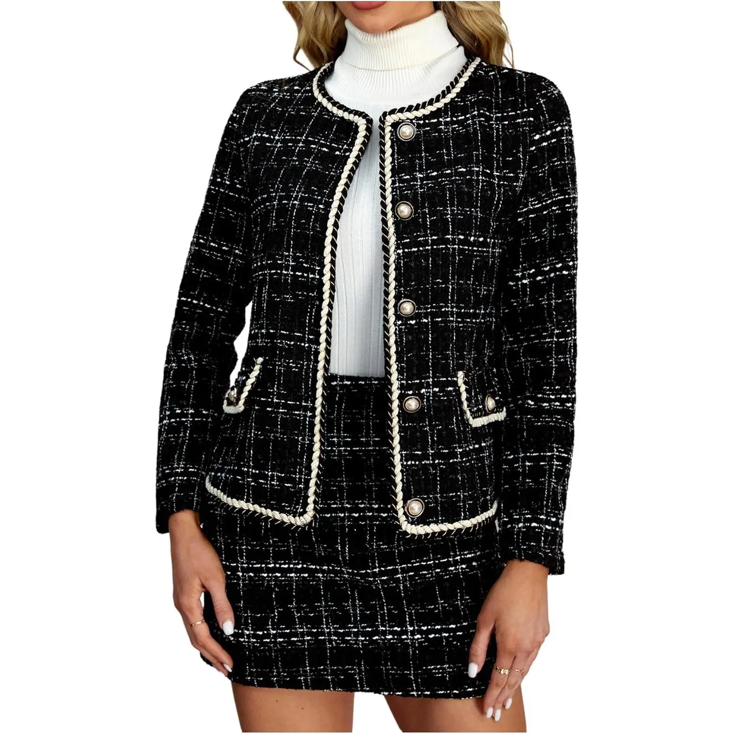 Lady's Fitted 2-Piece Plaid Outfits, Check Blazer with Button Front Long Sleeve Tweed Jacket and Pocket Mini Skirt Elegant Set