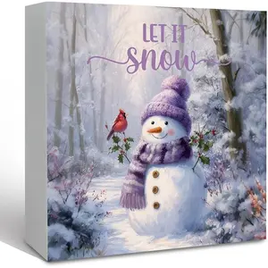 Winter Snowman Purple Christmas Wooden Box Sign Desk Decor, Lavender Purple Christmas Decorative Signs Decor for Home Bedroom, Winter Let It Snow Home Shelf Desk Decorations 5x5 Inch