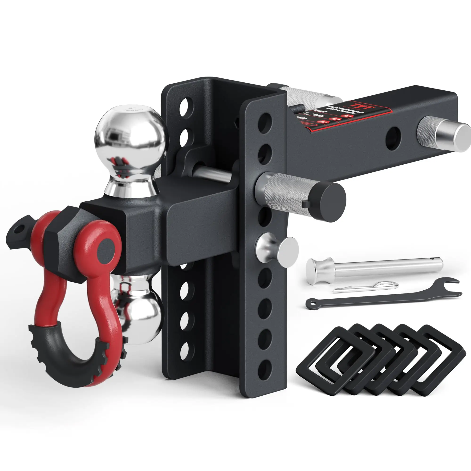 TYT Adjustable Trailer Hitch Ball Mount with Lock&Pin&Rotatable Tow Shackle, Fits 2-in Receiver, 5" Rise/Drop, 2-in, 2-5/16-in Hitch Ball, 10000LBS GT