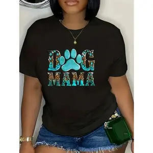 Dog Mama Paw Print Leopard And Turquoise Graphic Tee Cute Pet Lover Shirt Unisex Top Oversized Short Sleeve Crewneck Soft Casual Everyday Outfit Gift