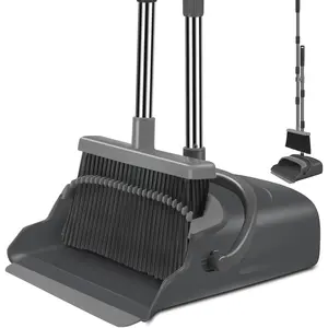 Broom and Dustpan Set for Home, Office, Indoor&Outdoor Sweeping, Stand Up Broom and Dustpan (Black&Gray)