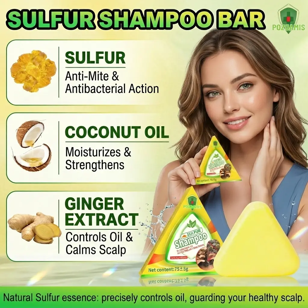 POZOAMIS Sulfur Dandruff Shampoo Bar - 75g Gentle Nourishing Cleansing Haircare, Coconut Oil, Ginger Extract, Herbal Exfoliant, Scalp Care for Textured Wavy & Fine Hair, Vegan, Antibacterial, Frizz Control