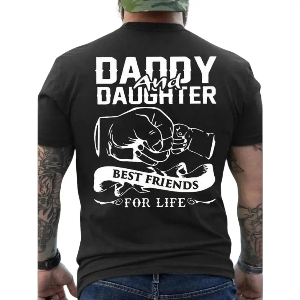 Men's Vintage Graphic T-Shirt with Daddy-Daughter Print, Pure Cotton Classic Short Sleeve Streetwear, Funny Father's Day Gift for Dad, Tee, Graphic Print, Perfect Gift For Dad