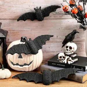3 Pcs Woven Rattan Bat Wall Hanging Halloween Decor, 3D Scary Handcrafted Black Rope Bats, Rustic Natural Farmhouse Halloween Creepy Decorations for Home Fireplace Door, 9.06/7.48/5.91 Inch
