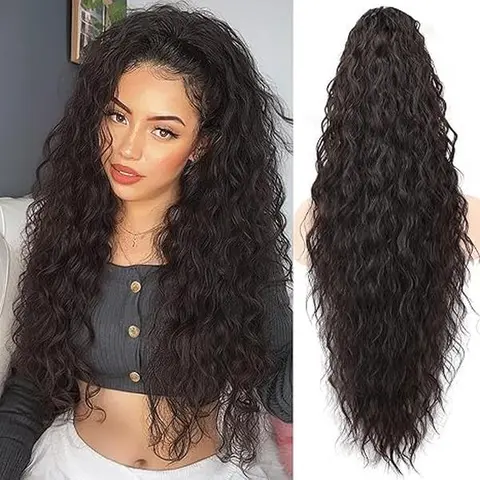 Female Synthetic Hair Extensions - 30-in/26-in 180g Black Brown Soft Curly Ponytail, Drawstring & Claw Clip Base, Fluffy Curls, Adjustable Tightness for High Ponytails, Soft Curly Ponytails