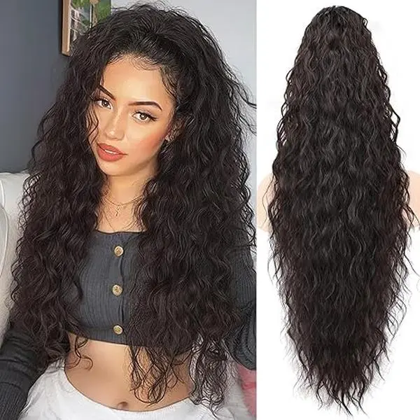 Female Synthetic Hair Extensions - 30-in/26-in 180g Black Brown Soft Curly Ponytail, Drawstring & Claw Clip Base, Fluffy Curls, Adjustable Tightness for High Ponytails, Soft Curly Ponytails
