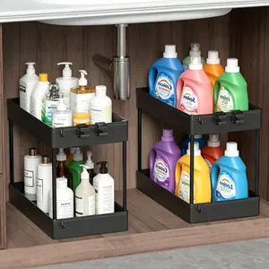 2 Pack 2-Tier Under Sink Organizer Standing Rack with Hooks | Multi-purpose Bathroom & Kitchen Storage Shelf, Easy Assembly, & Easy Clean, Durable Plastic, Large Capacity Storage Rack for Bathroom Kitchen Office, Sturdy,Black