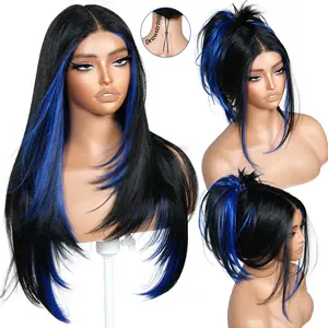 BrownBomb Drawstring Glueless Synthetic T-Lace Wig, 26-in Layered Straight with Face-Framing Bangs, Pre-Cut Lace, Pre-Plucked Perfect Middle Part, Heat-Resistant Fiber, Realistic for Daily Wear & Parties