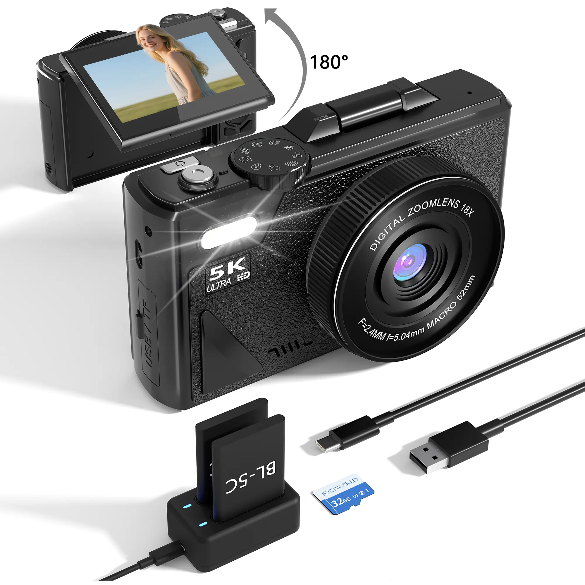 2025 digital camera 5k,180° with flip screen,vlogging camera,cameras for photography,Portable vintage camera, Compact Travel Camera for Teens,With for 2batteries,Summer Gifts