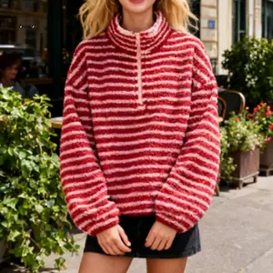 Women's Spring Autumn Fleece Sweatshirt Long Sleeve Half Zip High Neck Striped Pullover