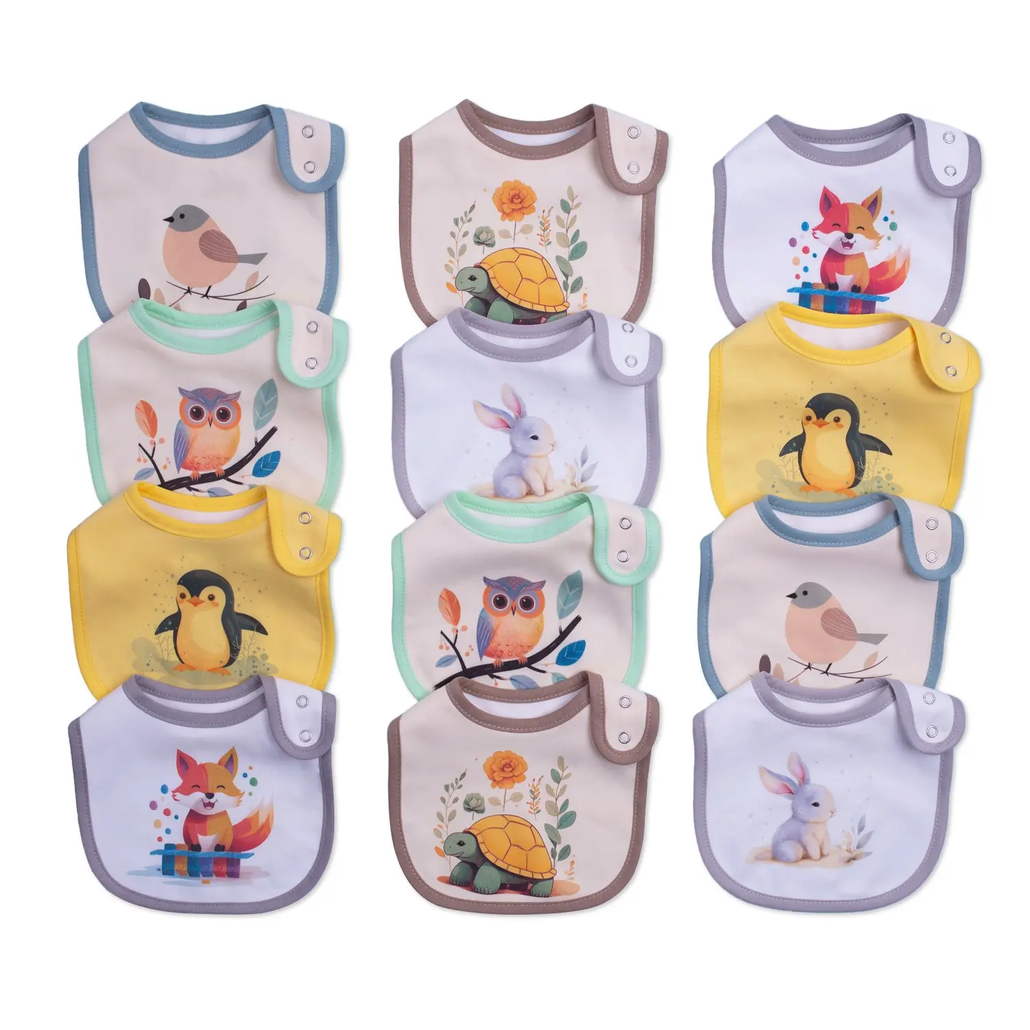 12 Pack Baby Drool Bibs Infant Essentials Soft Skin Friendly Cute Cotton Feeding Bibs for Boys Girls Adjustable Snap Closure Waterproof Breathable Teething Feeding Spit Up Protection Easy to Clean Cartoon Dinosaur Animal Prints