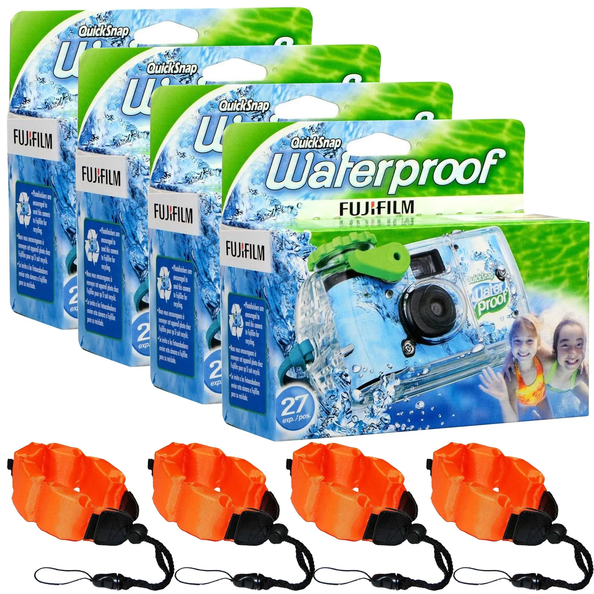 4x Fujifilm QuickSnap 800 Waterproof Disposable 35mm Camera - 27 Exposures, 4x Orange Floating Foam Straps