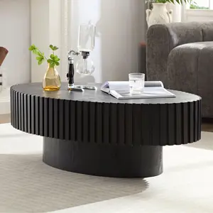 Modern Handcraft Drum Coffee Table Length 43.7 inch Ellipse Coffee Table for Living Room, Oval Small Coffee Table with Sturdy Pedestal, Black MDF