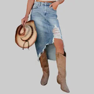High Waist Irregular Distressed Bottom Denim Midi Skirt Western Fashion Frayed Jean Skirt Classic Myosotis Color Casual Womenswear Waisted Blouse